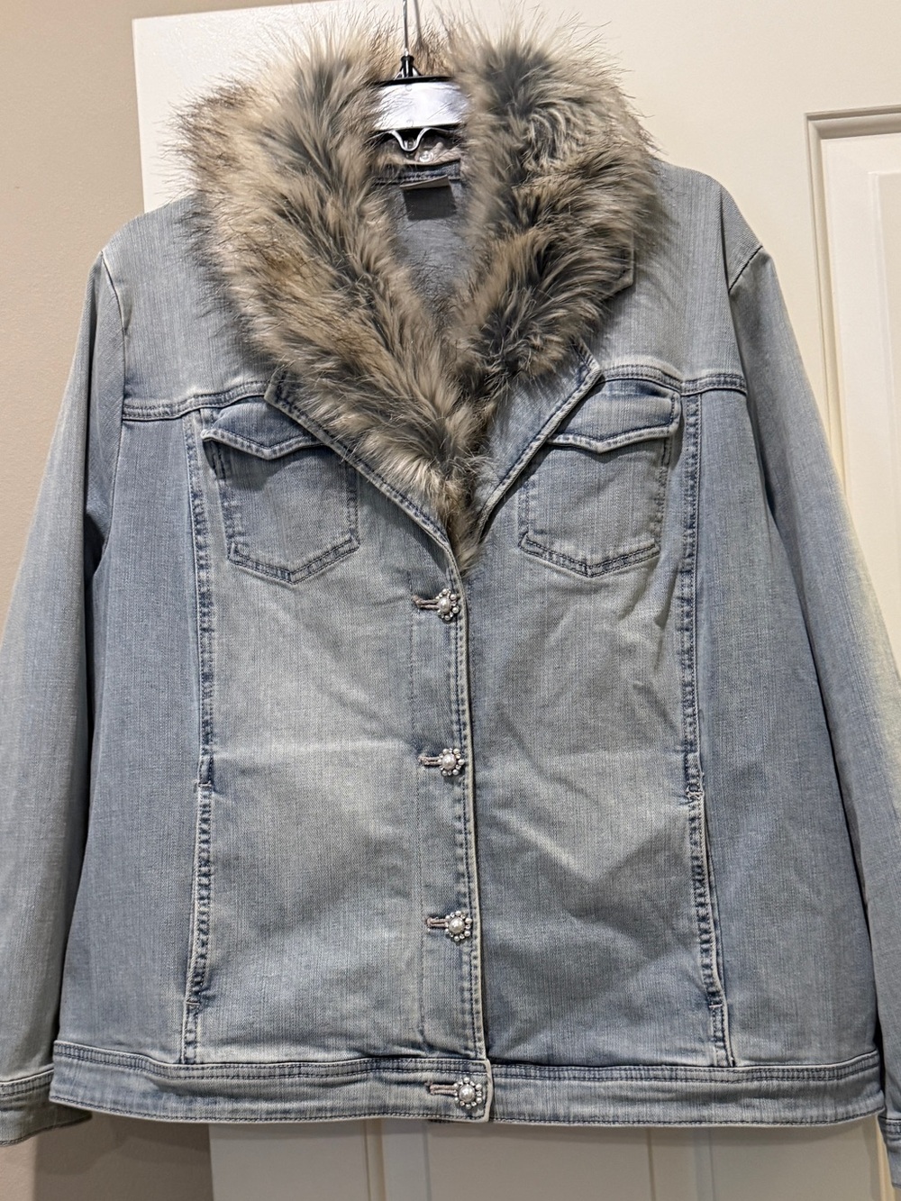 Chicos Faux Fur-Trim Light Blue Denim Jacket